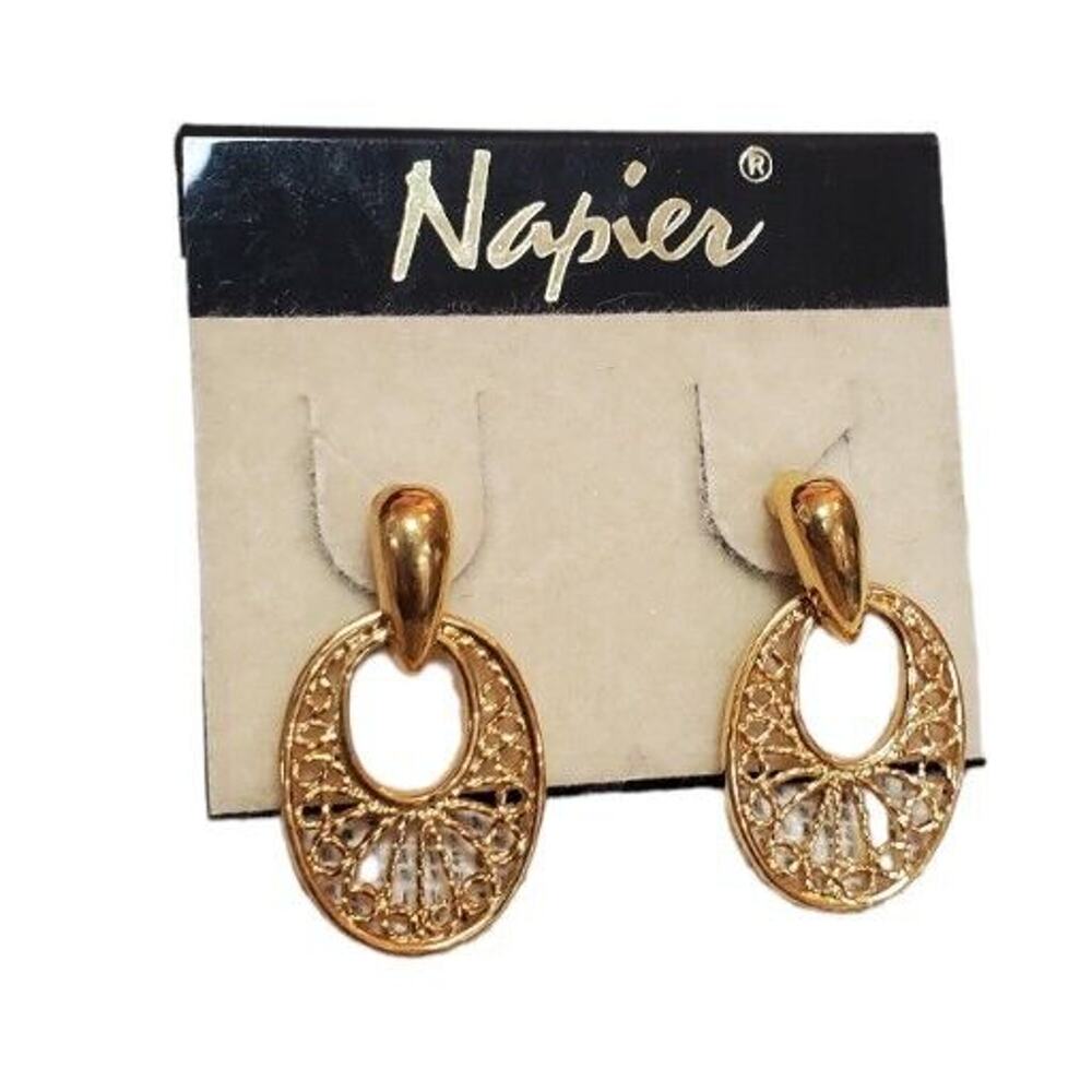Vintage Napier Post Earrings Dangle Gold Tone Signed Movement